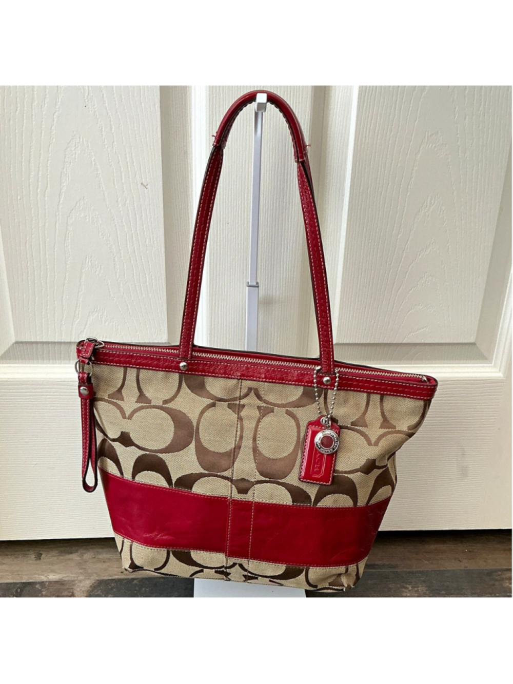 Coach Signature Tote Brown Red Patent Leather Stripe Silver Hardware Charm